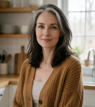 Verified Eastern European woman aged 45 with silver-streaked hair in a home kitchen, a marriage-minded Shantidate member