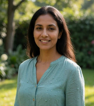 Verified South Asian woman aged 42 smiling in a garden, an example marriage-minded member on Shantidate