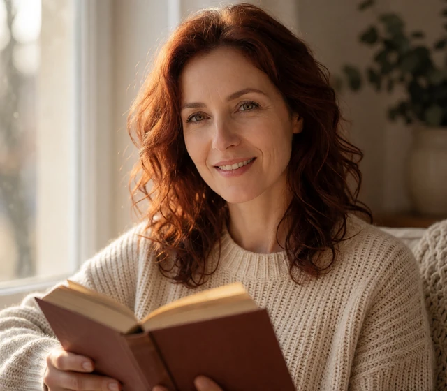 Woman in her early fifties with a warm smile reading by a window, reflecting genuine connection on Shantidate