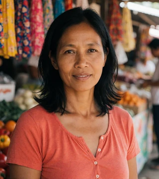 Verified Southeast Asian woman aged 48 at a market stall, a genuine member seeking serious cross-cultural relationships