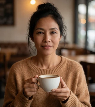 Verified woman aged 51 holding tea in a cozy cafe, an authentic marriage-minded member on Shantidate